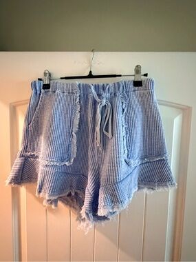 Light Blue High-Waist Waffle Knit Drawstring Shorts